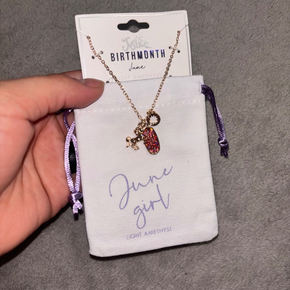 Justice Birthmonth June Necklace Light Amethyst Unicorn Charm June Girl NWT